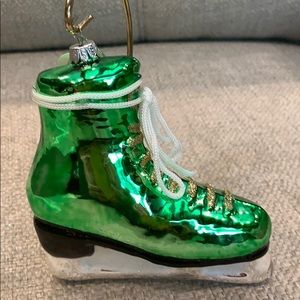 Green Glass Ice Skate w Lace Bow Tie Christmas Ornament